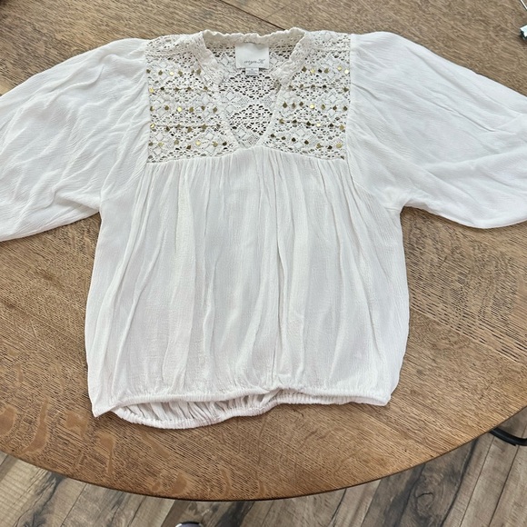 Aryn K. Anthropologie White Gold Crocheted Gauze Embellished Boho Blouse medium - Picture 3 of 15